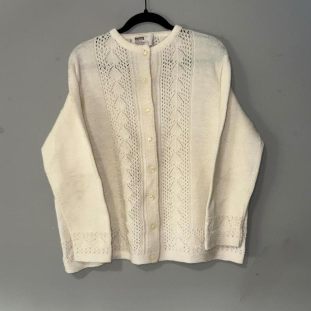 Vintage Montgomery Ward Wintuk Cream Pointelle Knit Cardigan Sweater Size Large